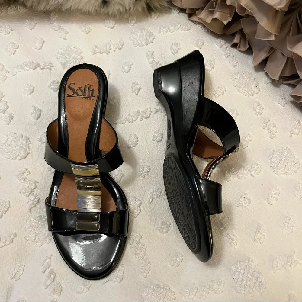 Sofft Wedge Black Spatenstich Leather Slide Slip On Open Toe Mule Sandals Sz 7N